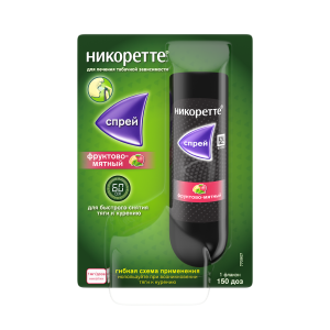 Никоретте спрей для слизистой оболочки полости рта дозированный фруктово-мятный 1мг/доза флакон 13,2мл /150доз/ №1