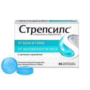 Стрепсилс таблетки для рассасывания с ментолом и эвкалиптом №36